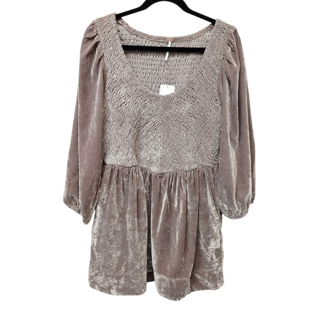 NWT Free People Womens Farrier Velvet Mini Dress Small Pockets Smocked Boho